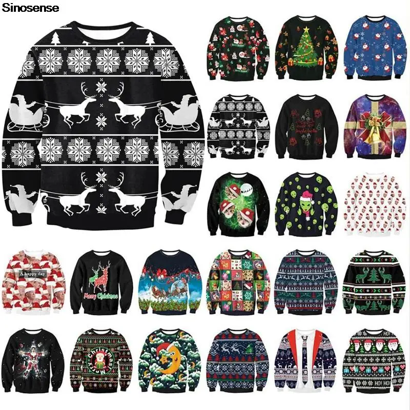 

Men Women Reindeer Ugly Christmas Sweater Pullover Xmas Sweaters Jumpers Tops 3D Funny Printed Autumn Crew Neck Sweathsirt