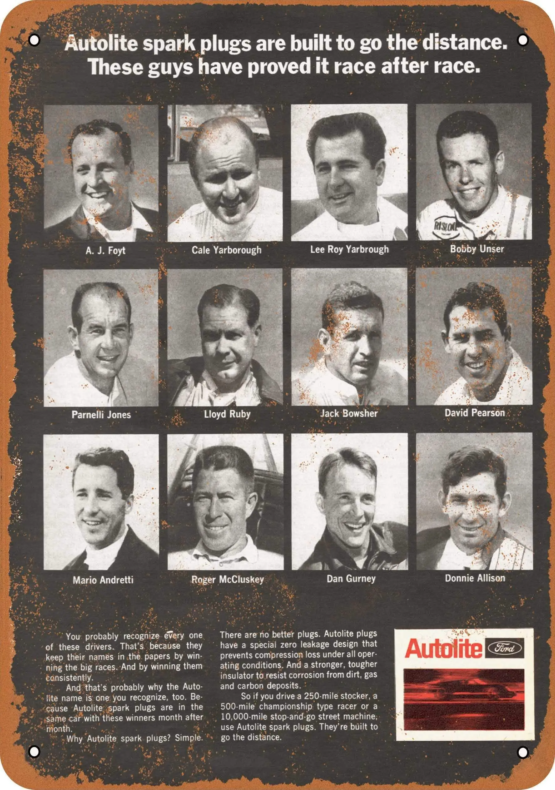 

SLALL 1969 Autolite Spark Plugs Famous Racers Retro Street Sign Household Metal Tin Sign Bar Cafe Car Motorcycle Garage Decorati