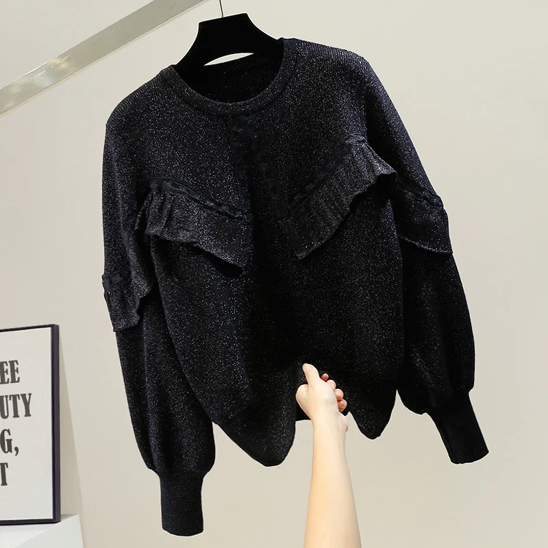

Irregular Lotus Leaf Round Neck Pullover Bright Silk Knitwear Women Loose Versatile Knitting Sweaters Top Female Winter Sweater
