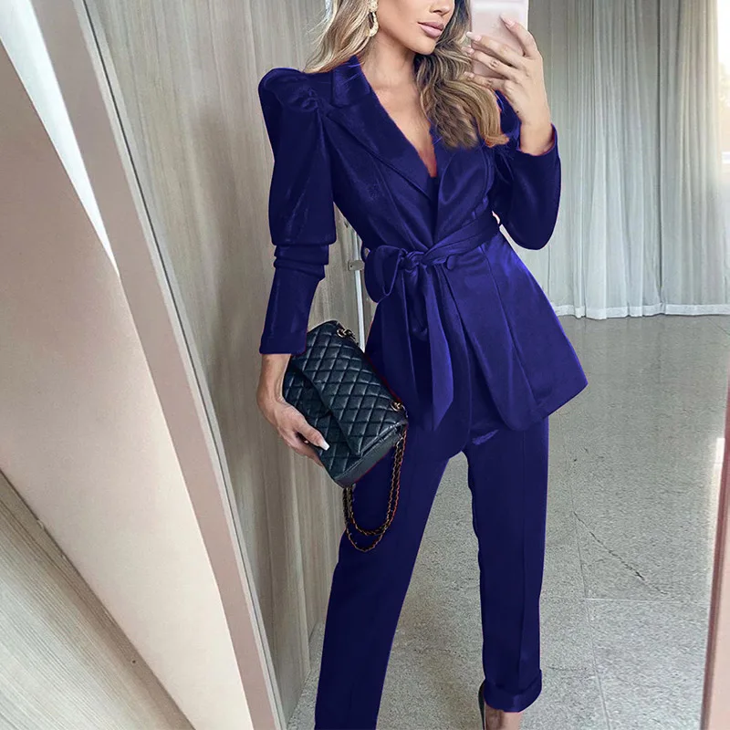 

Velour Belt Women's Suit Office Ladies Puff Sleeve Blazer Long Pant Two Piece Set Women 2020 Autumn Solid Notched Clothing Sets