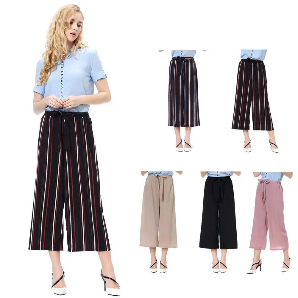 

Fashion Women Solid Color/Striped Drawstring Wide Leg Trousers Loose Fit Pants