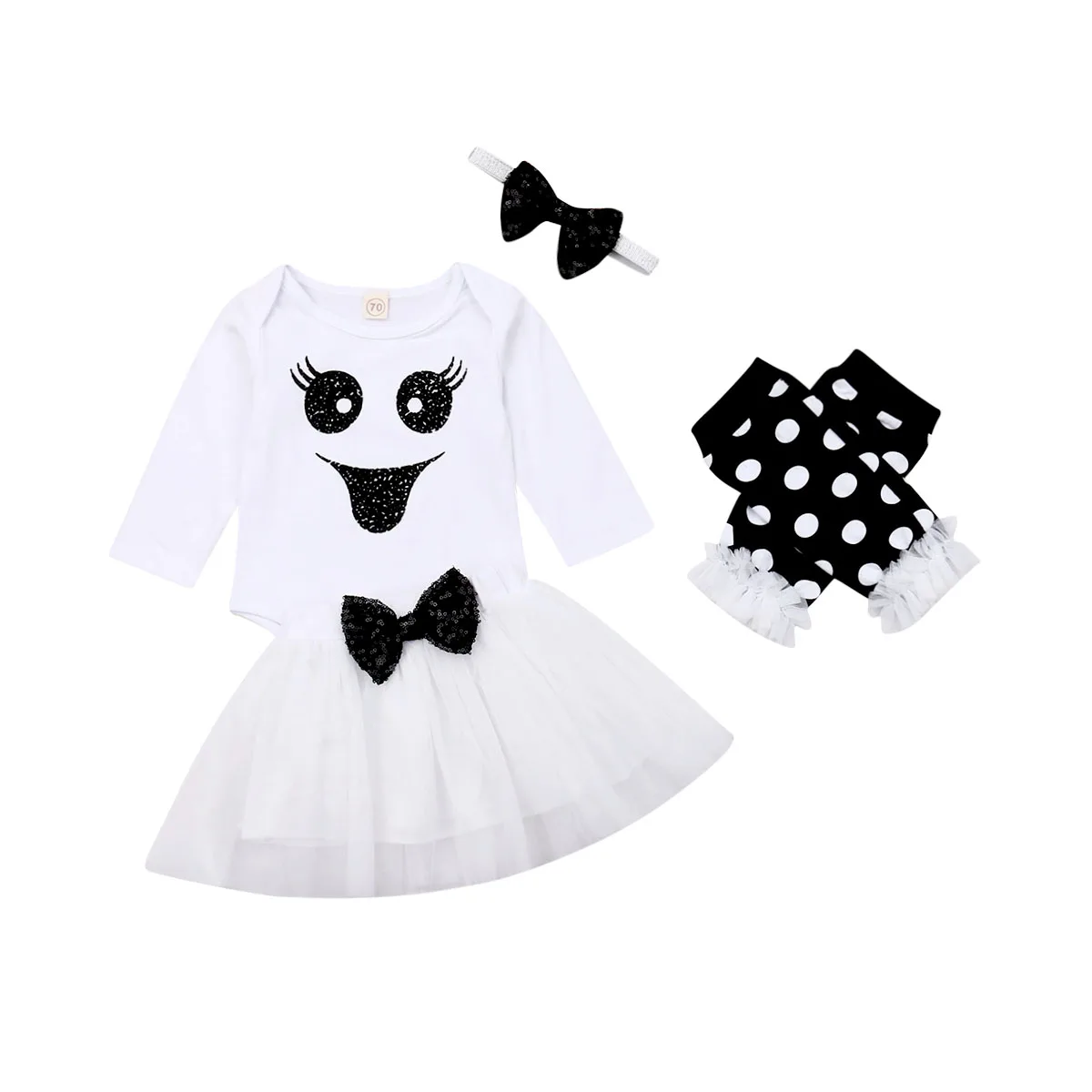 

0-24M Baby Girl Halloween Clothes Set Newborn Infant Babies Girls 4pcs Halloween Clothes Bodysuit Top Skirt Leg Warmer Outfits