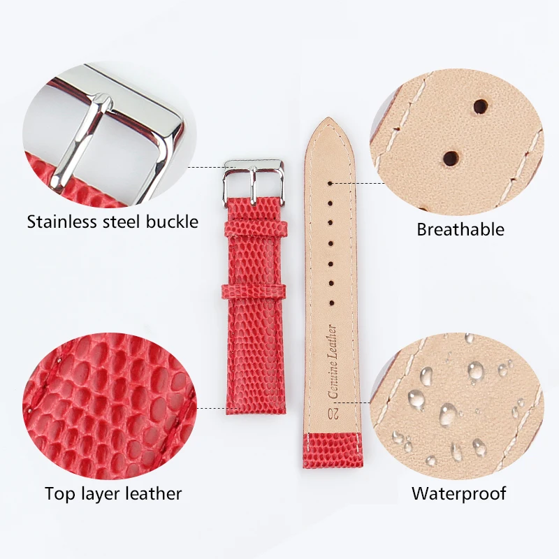 ALK Watch Band 18mm Top Luxury Lizard Pattern Leather Wristband 20mm Brand Watch Accessory Square Pin Buckle Strap 14mm 16mm
