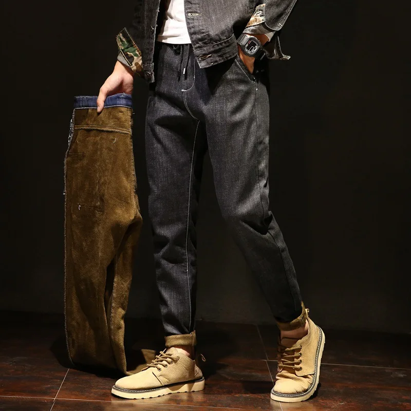 Warm Men's Jeans 2021 New Classic Business Casual Thickened Elastic Brand Pants Blue Black Jeans Korean Trend
