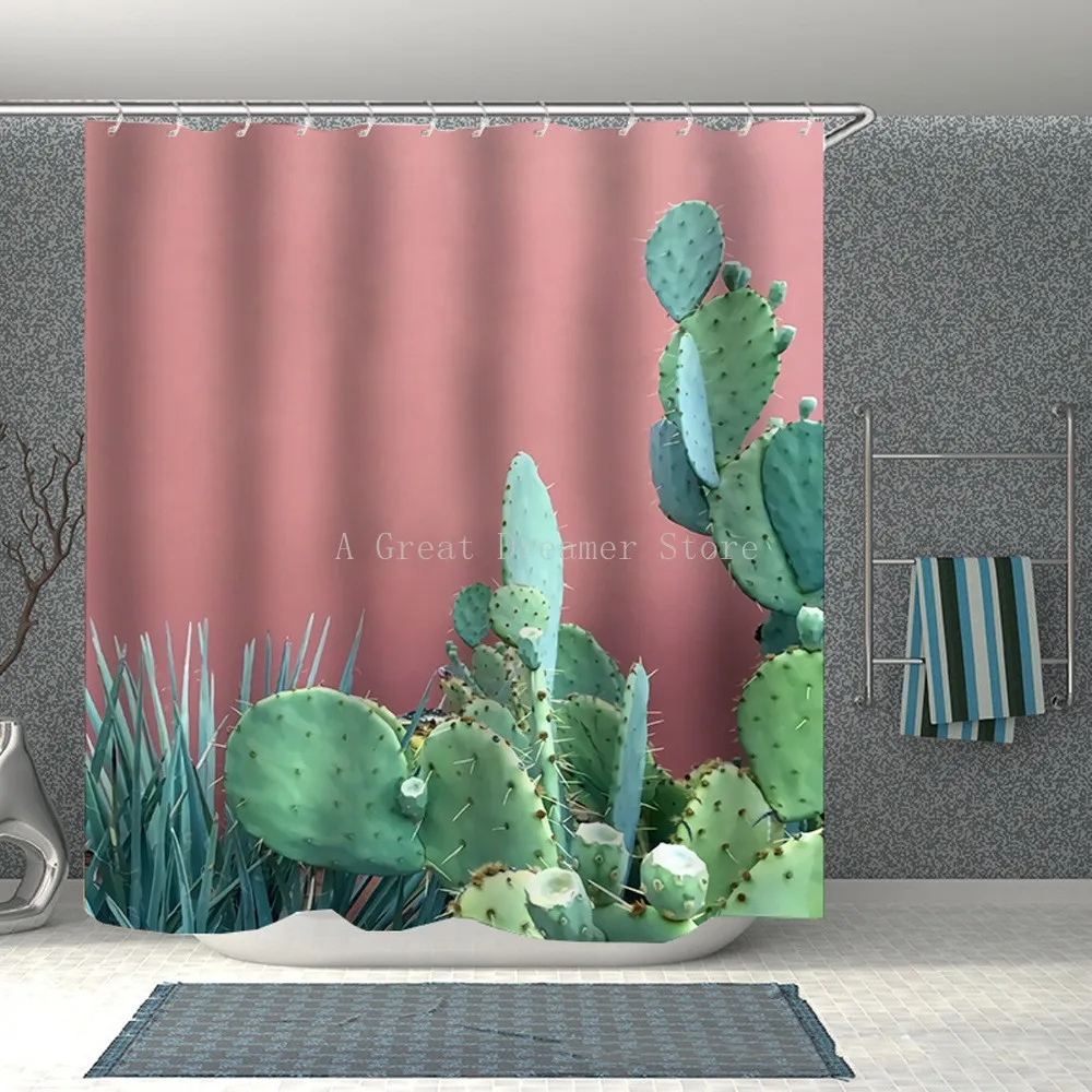 

Pink Cactus Bathroom Shower Curtain Green Plant 3D Printing Waterproof Shower Curtain Bathroom Decor with Hooks