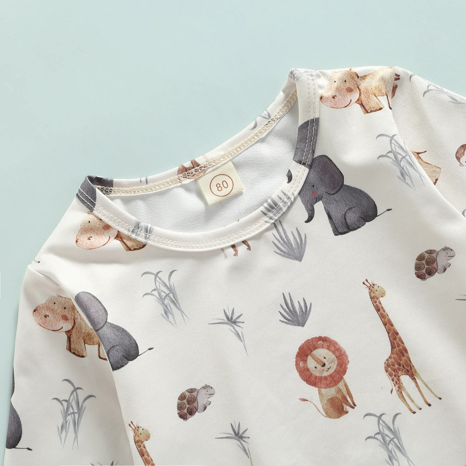 

Baby Toddler Long Sleeve Tops + Trousers Set Animal Cartoon Print Classic Round Neck T-shirt and Elastic Waist Long Pants Outfit