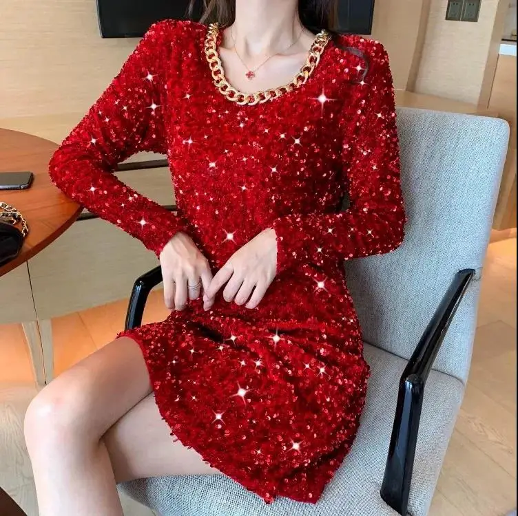 

2021 Autumn New Women Pullover Sexy Sweatshirt Fashion Chic Chain Sequins V-Neck Tide Female Elegent Top Casual Mujer streetwear