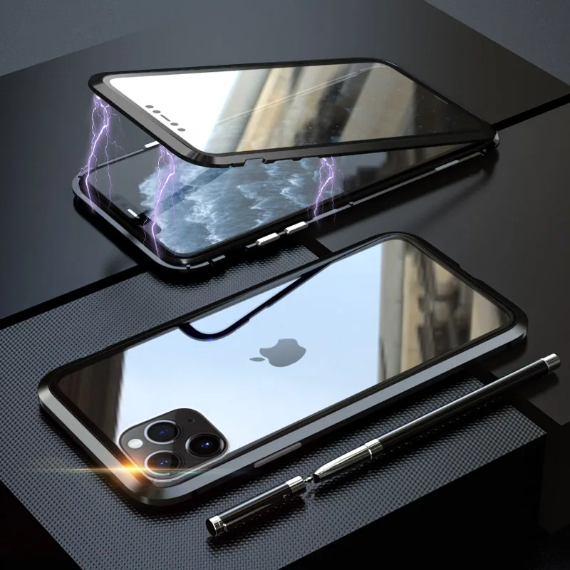 black 360 полный защитный Магнитный чехол для iPhone XR XS MAX X 8 7 Plus чехол из закаленного стекла для iPhone 11 Pro Max чехол coque Funda - Цвет: black