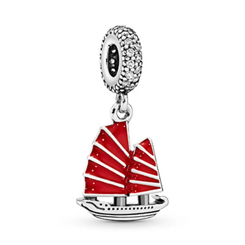 

100% 925 Sterling Silver Charm New Chinese Red Sailboat Pendant Fit Pandora Women Bracelet & Necklace Diy Jewelry