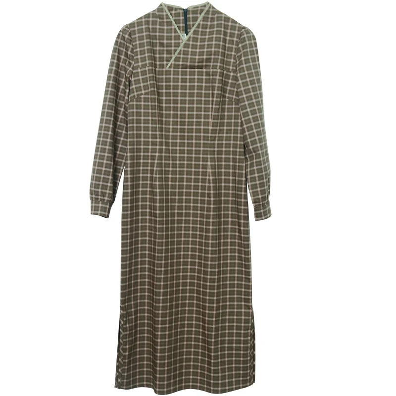 

CYNTHIA Women Plaid Dresses Female Vintage V-neck Chinese Chesongsam Qipao Long-sleeve Autumn Winter Dress 20QDC-163