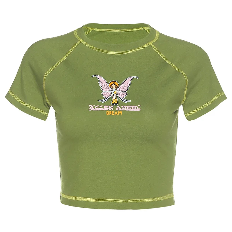 

E-girl Butterfly Graphic and Letter Printing Stitch Green Crop Tops Y2K Summer Grunge Style O-neck Short Sleeve T-shirts Mujer
