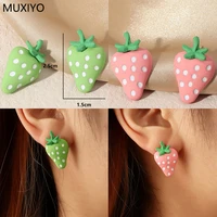 cute stereo simulation pink strawberry earrings for women fine jewelry fruit green strawberry ear studs female lovely girls gift