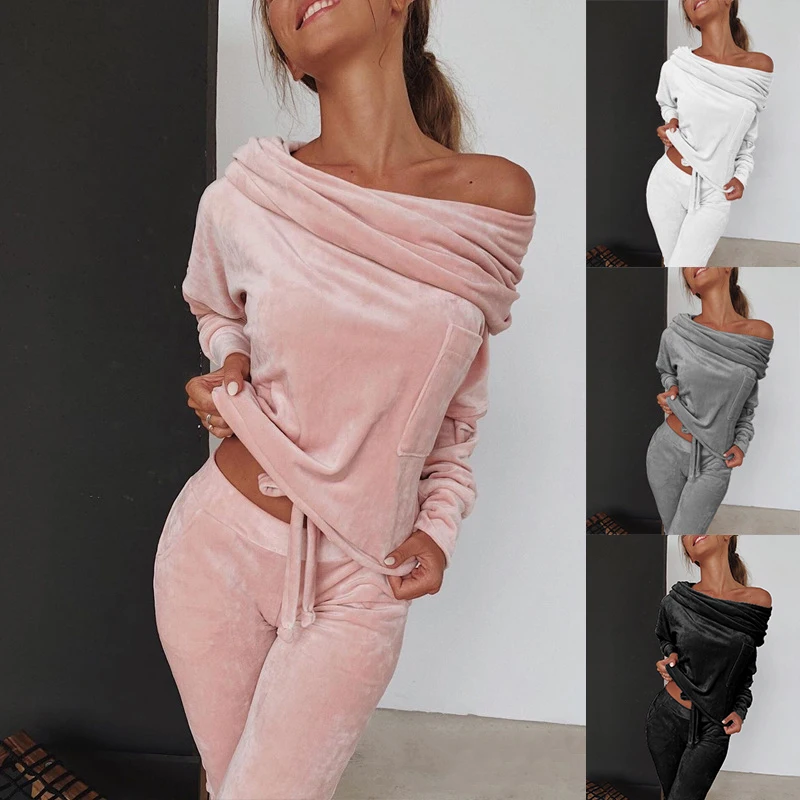 Осенний популярный стильный женский топ на одно плечо и длинные брюки комплект