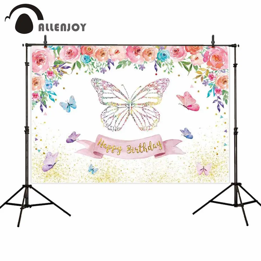 

Allenjoy Spring Butterfly Photozone Happy Birthday Glitter Golden Flowers Leaves Watercolor Banners Baby Shower Party Supplies