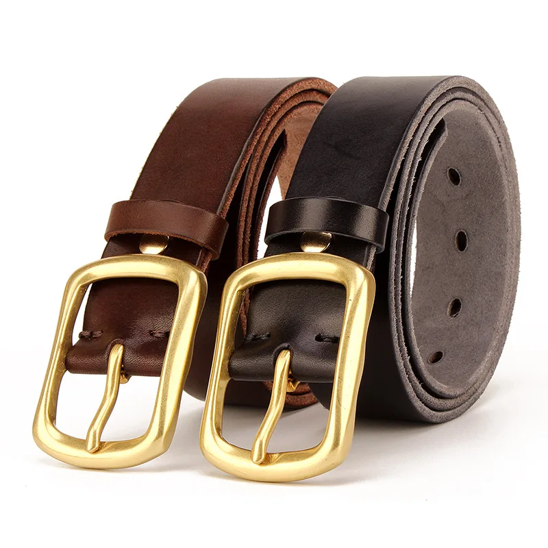 

Men's Leather Pure Copper Buckle Belt Washed Retro Casual Denim Wide Belt Classic Copper Buckle Belts for Men Luxury Designer