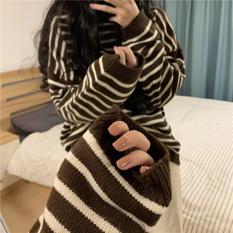 

Girls Harajuku Style Fashion Harajuku Sweater Retro Striped Casual Turtleneck Sweater Base Sweater Tops Women Fall Winter 2020