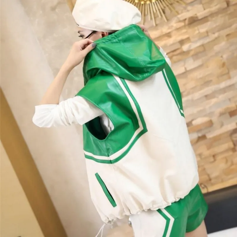 

Street Women High Sheepskin Genuine Leather Vest Ladies Casual Hoody Sleeveless Jacket Hip Hop Colors Mixed Waistcoat Tops Vests