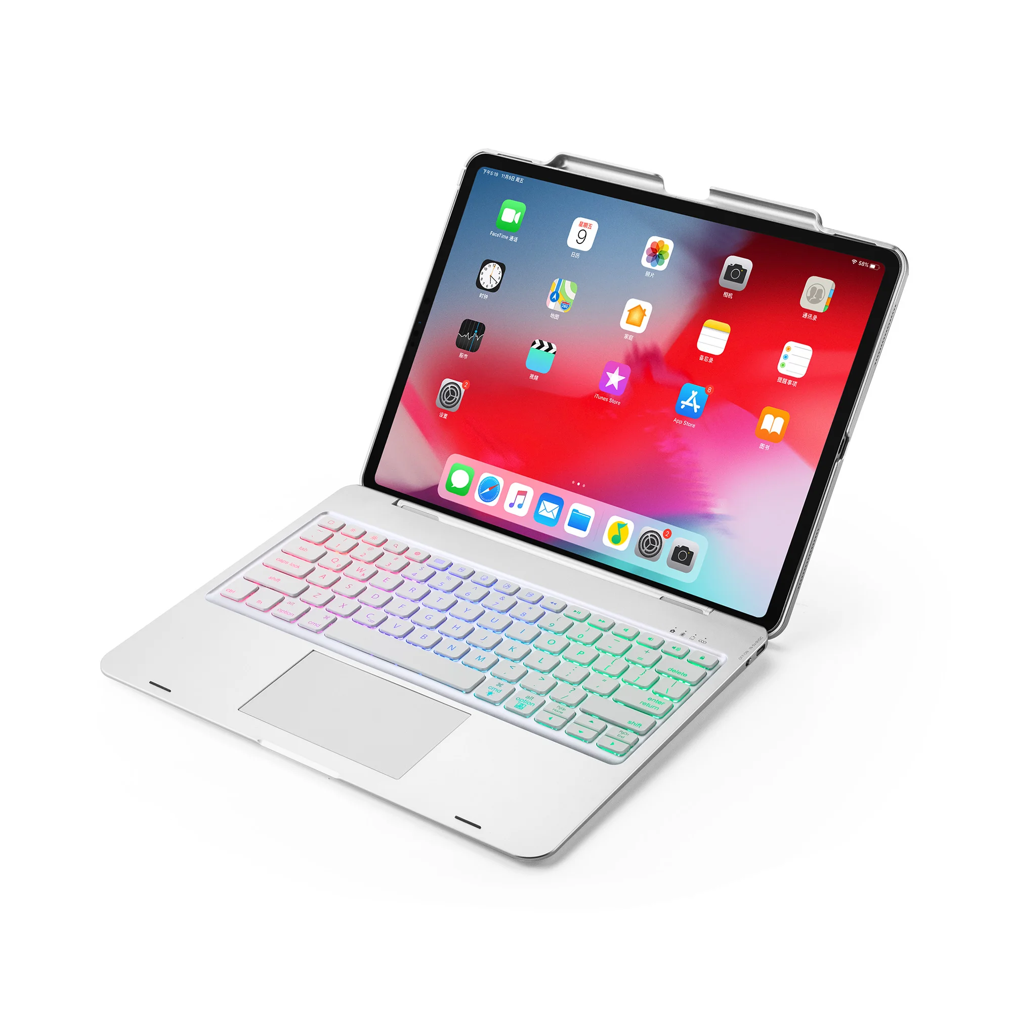 Silver Witsp@ d мышь сенсорная bluetooth клавиатура для iPad 10,", Премиум Пластиковый Чехол, 7 цветов с подсветкой, интеллектуальное включение/выключение - Цвет: Silver