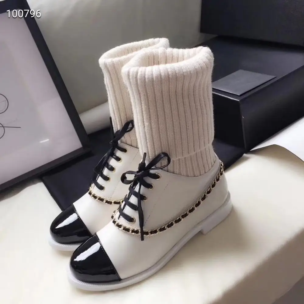 white with chain Г. Брендовый носок, Сапоги Женская осенне-зимняя плетеная цепь сапоги до колена из натуральной кожи эластичные тонкие Размеры 35-40 - Цвет: white with chain