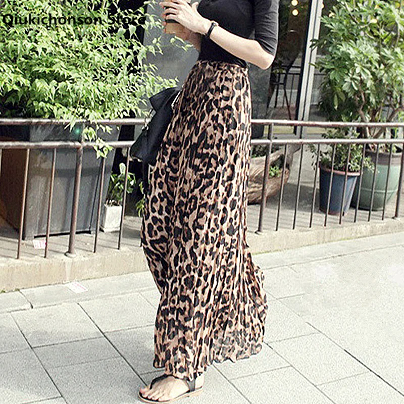 

Qiukichonson Spring Summer High Waist Long Maxi Chiffon Skirt Women Vintage Leopard Print Pleated Skirts falda plisada mujer