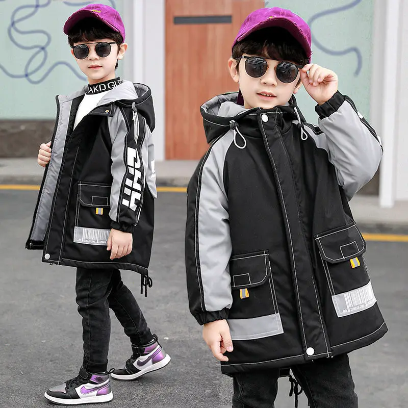 

Winter 4-15Years Old Boys Cotton Jacket Children's Outwear Clothing Mid-Length Hooden Thicken Version Trench Coat For Kids Tops