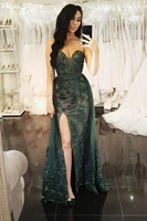 green satin evening dress luxury applique mermaid sequin strapless sweetheart neck split floor length prom dress robe de soiree