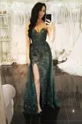 Женское атласное вечернее платье с аппликацией, зеленого цвета, без бретелек, с разрезом, в пол, с блестками, для выпускного вечера