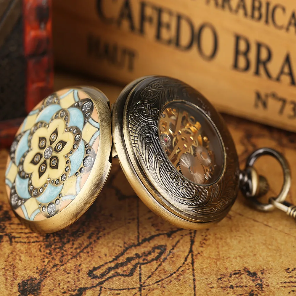 Vintage Elegant Blue/Green Epoxy Flower Design Mechanical Pocket Watch Bronze Full Hunter Hand Winding Mechanical Pocket Clock