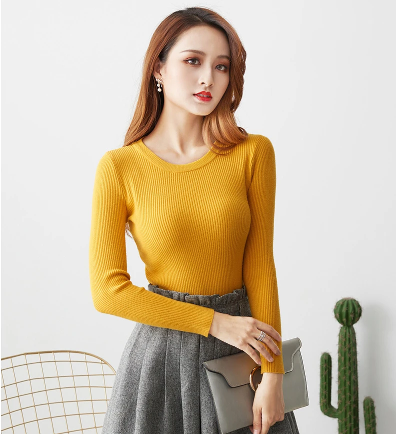 

Autumn Sweater Women Casual Slim O-Neck Bottoming Sweaters Solid Color Winter Basic Tops Wild Long Sleeve Pullover Top B132