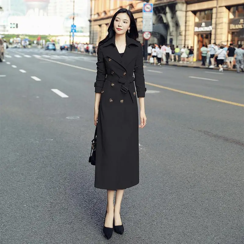 Женский двубортный Тренч с поясом элегантная винтажная однотонная ветровка