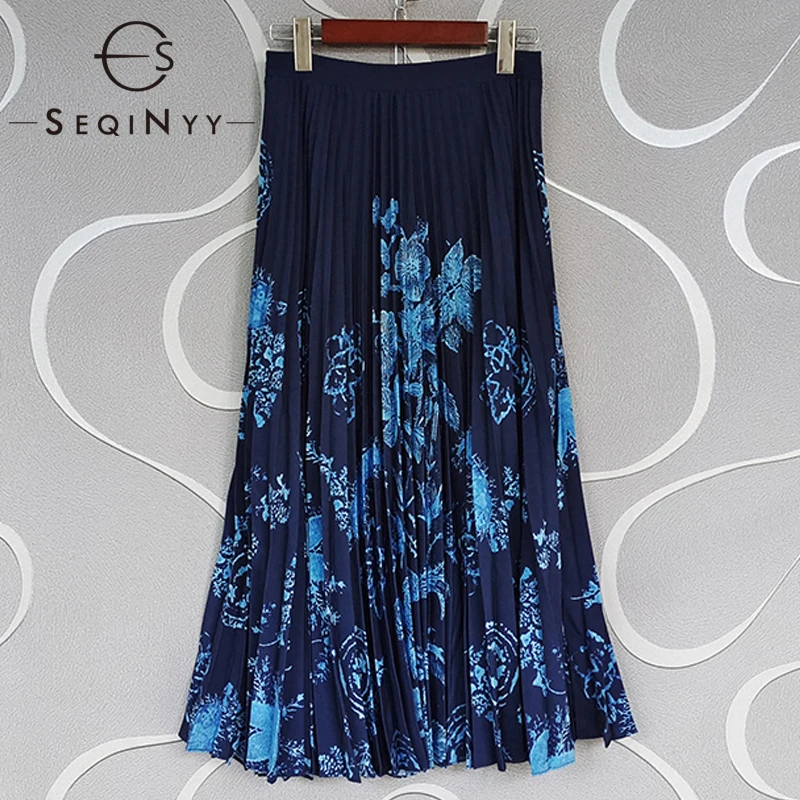 

SEQINYY Pleated Skirt Summer Spring New Fashion Design Women Runway High Quality Blue Flowers Print A-Line Midi Vintage