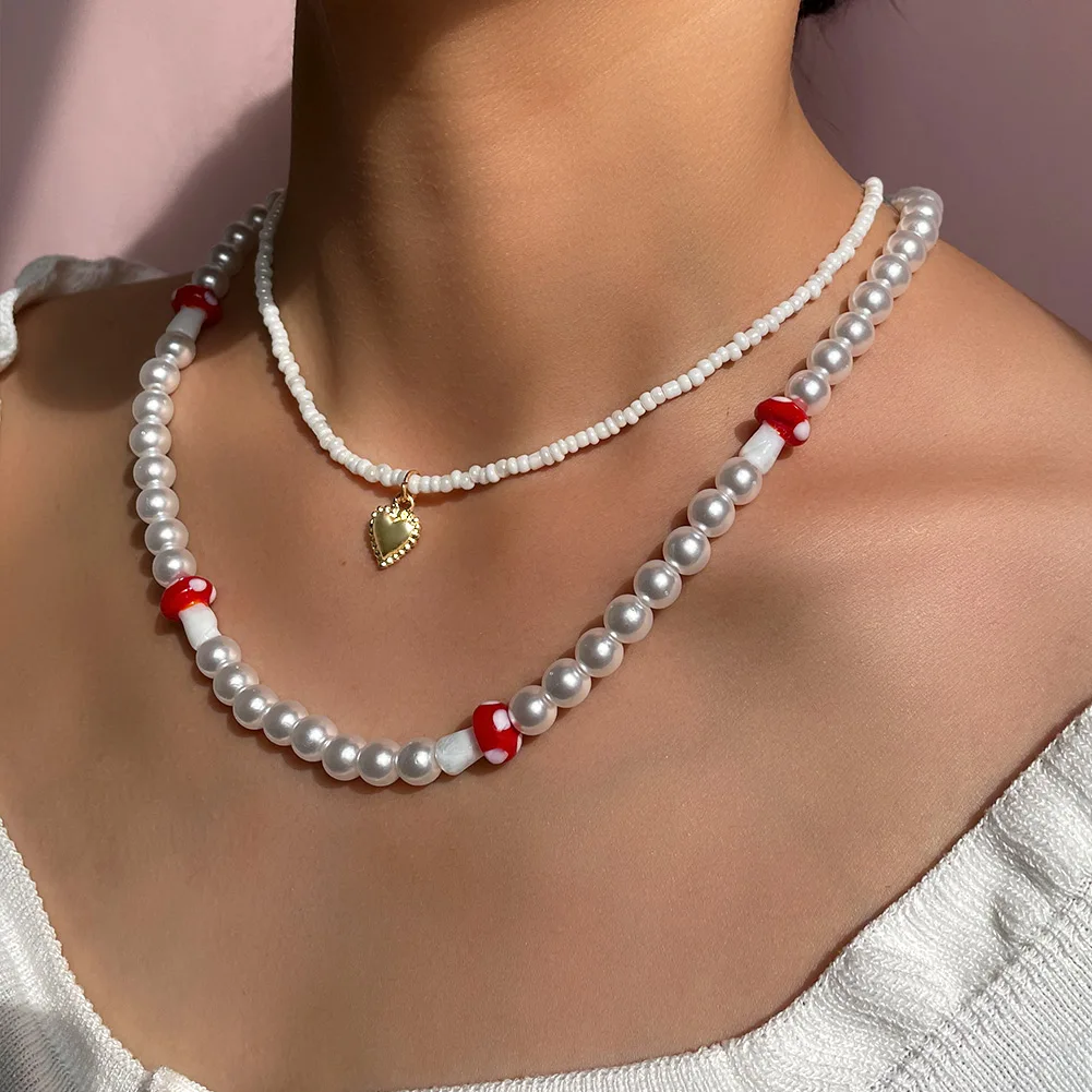 

Handmade Double Layered Mushroom Pearl Bead Choker Chain Metal Heart Pendant Beaded Necklace For Women Acrylic Seed Beads Strand