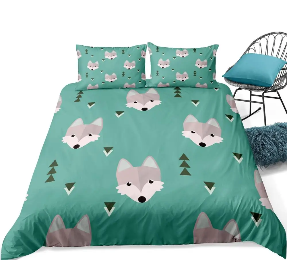 Набор пододеяльников с рисунком волка Комплект постельного белья зеленого цвета