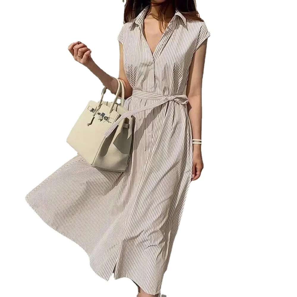 

Женское платье-рубашка в полоску без рукавов, повседневное офисное платье-макси большого размера разных цветов в Корейском стиле на шнуров...