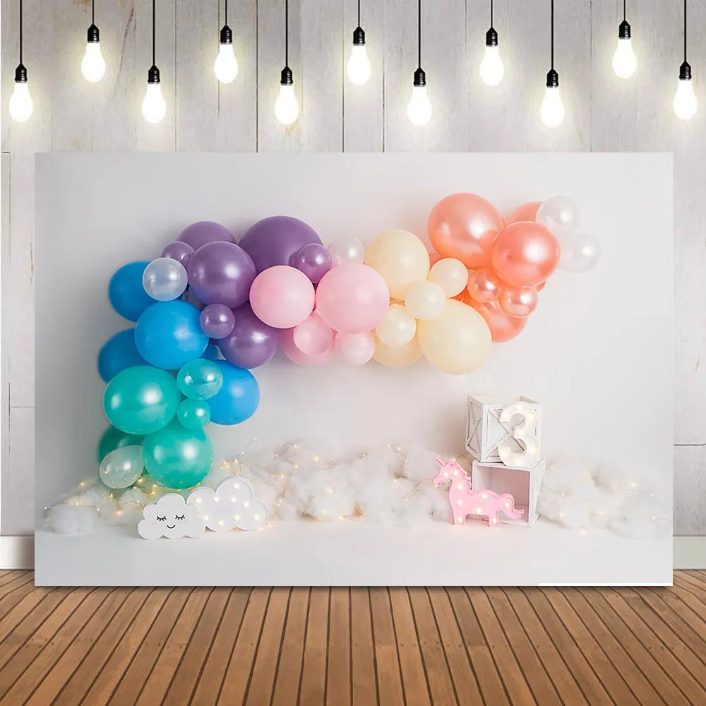 

Красочные воздушные шары Стена 3 день рождения торт самш Портрет фон для фотостудии новорожденные дети фото фон