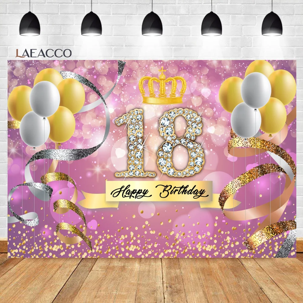 

Laeacco Princess 18 th Birthday Polkas Dots Backgrounds Diamond Crown Balloons Glitters Banner Customized Photography Backdrops