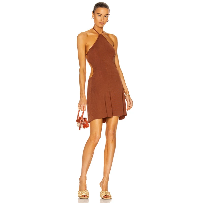 

2021 Fall Vintage Brown Sexy Lace Up Halter Casual Slim Women Mini Dress Ladies Clubwear Robe Backless Vestidos De Fiesta BD2101