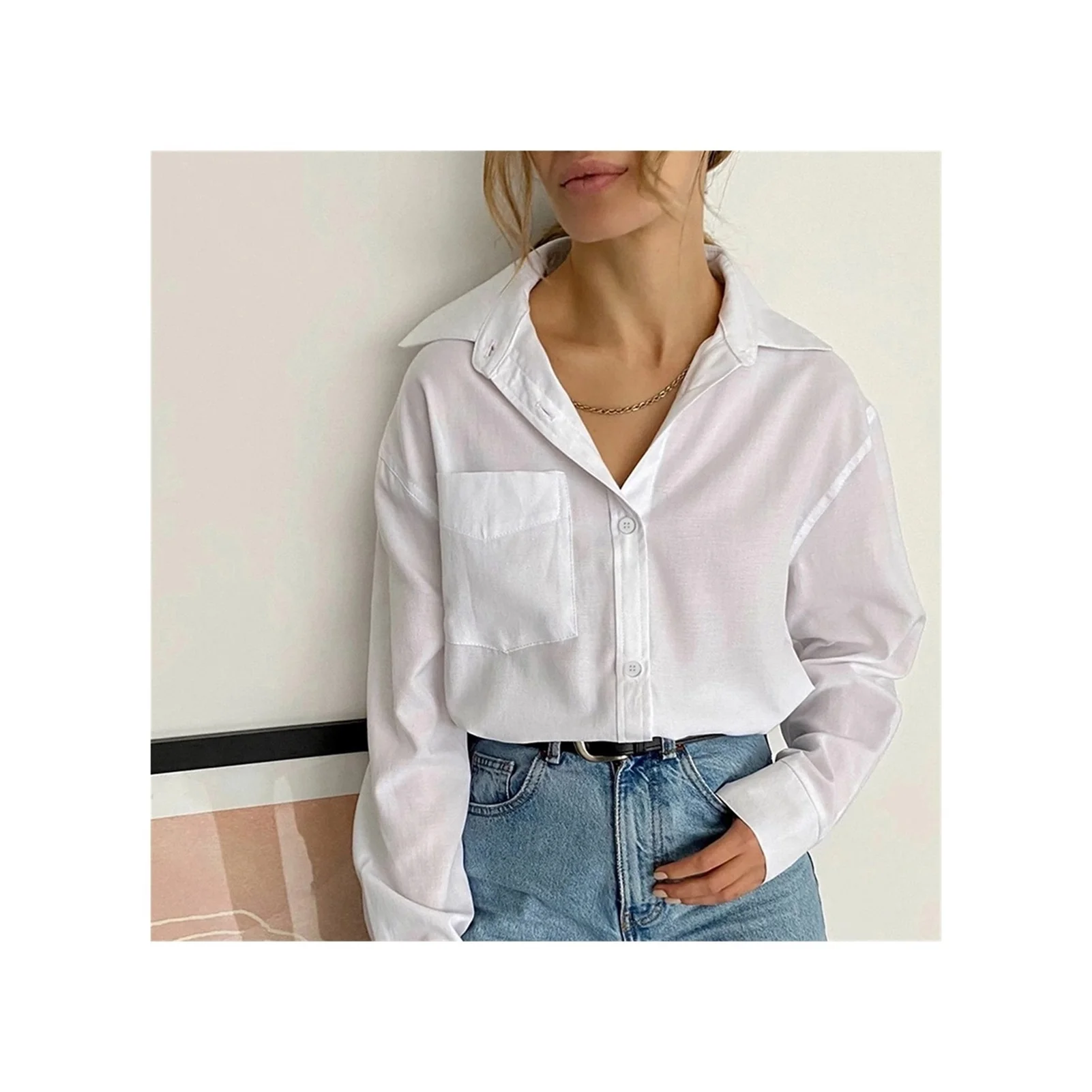 

2021NEW Spring Women Lapel Simple Fashion Loose Long-Sleeved Shirt Office Ladies Commuter Solid Color Inner Shirts Pockets Top