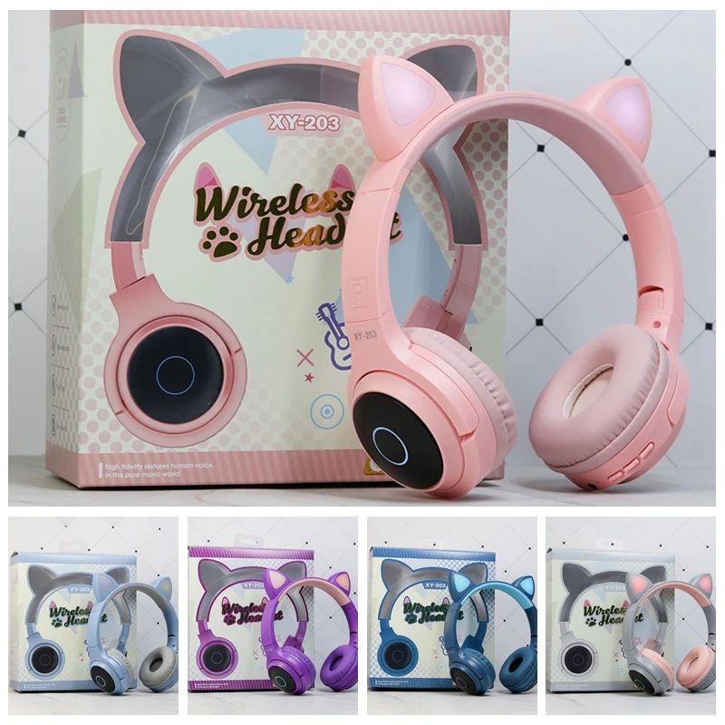 

Cute Glowing Bluetooth Girl Headset with Microphone Foldable Cat wireless kid headphone colorful LED Music Helmet Christmas Gift