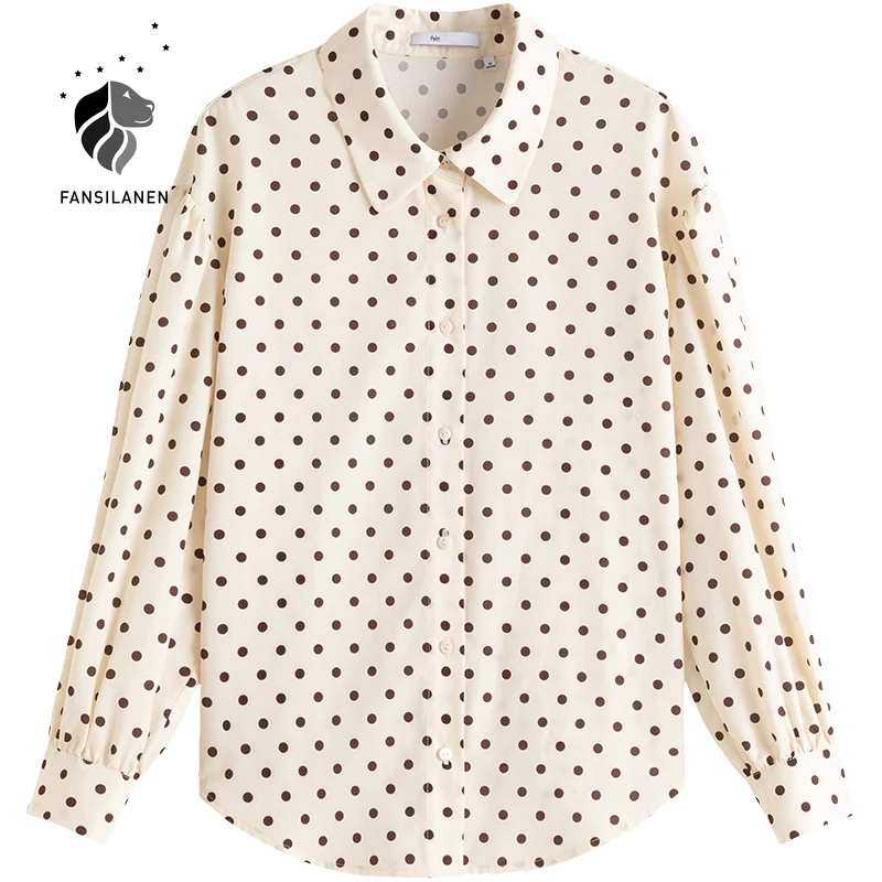 

FANSILANEN Vintage polka dot chiffon blouse shirt Women puff sleeve casual spring button up shirt Office elegant female blouses