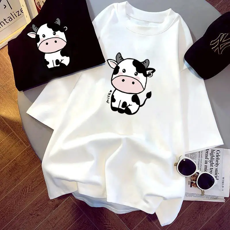 

Plus Size Women's 2021 New Summer Loose Cow Print Pattern Short-sleeved T-shirt All-match Top Women Shirts