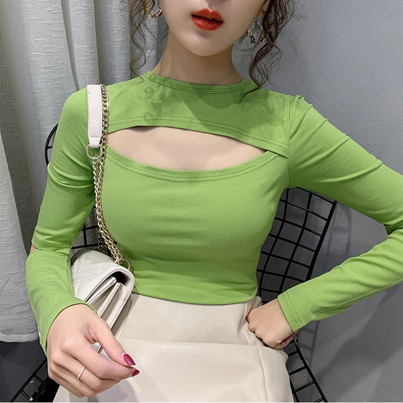 

GGRIGHT T Shirt Women Long Sleeve Tshirt Woman 2020 Camisetas Mujer Hollow Out Womens Tops Sexy Cotton T-Shirts Blue Tee Shirt