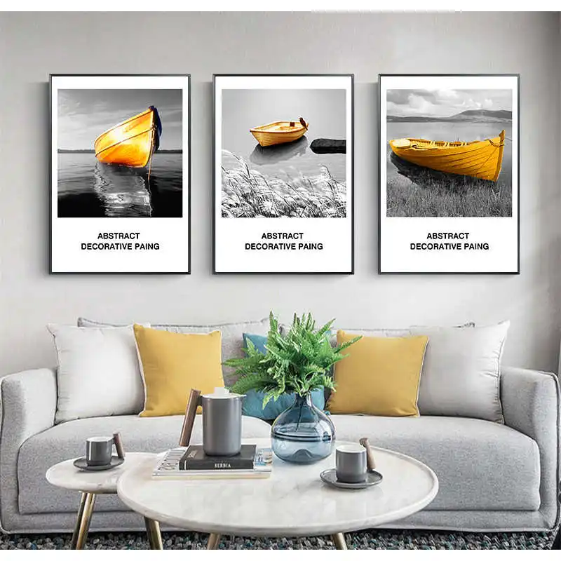 Абстрактная Желтая Лодка на стену Художественная Картина холсте черный белый