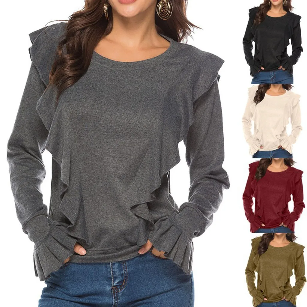 Свитер женский модный однотонный Вязаный топ с круглым вырезом и оборками