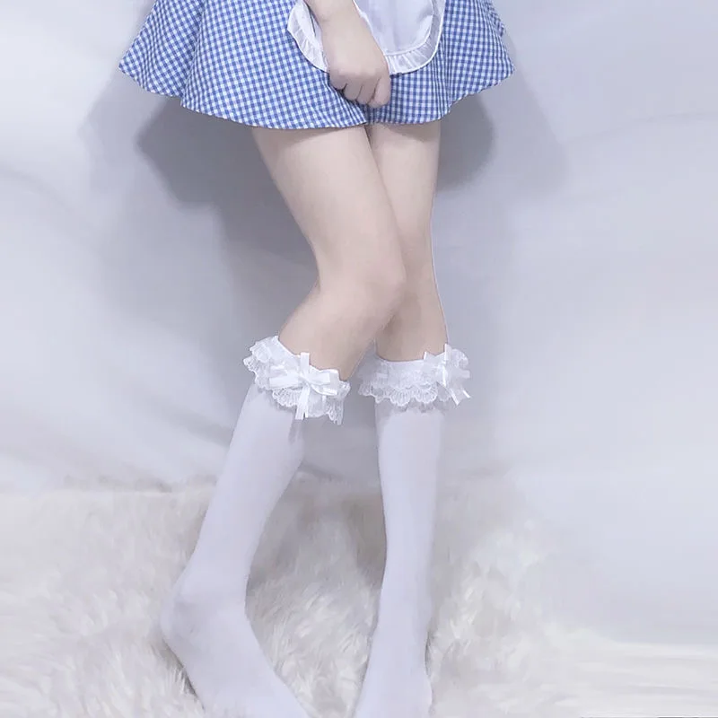 

Maid Lolita Socks Knee High Cosplay Costumes Accessories Nylon Lace bow Socks Cute Kwaii Girl Long Socks Lady White Knee Socks
