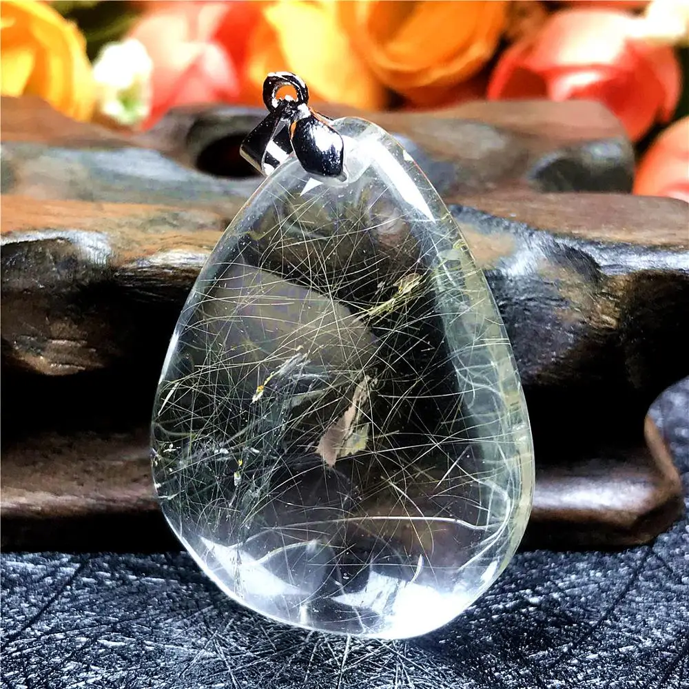 

Natural Gold Hair Rutilated Quartz Necklace Pendant Jewelry For Woman Man Gift 37x29x17mm Beads Gemstone Silver Crystal AAAAA