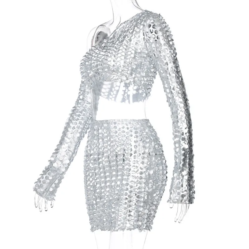 

CHRONSTYLEWomen's Set Hollow Out See Through Sexy Long Sleeve Off Shoulder T-shirt Crop Top High Waist Slim Mini Skirt Clubwear