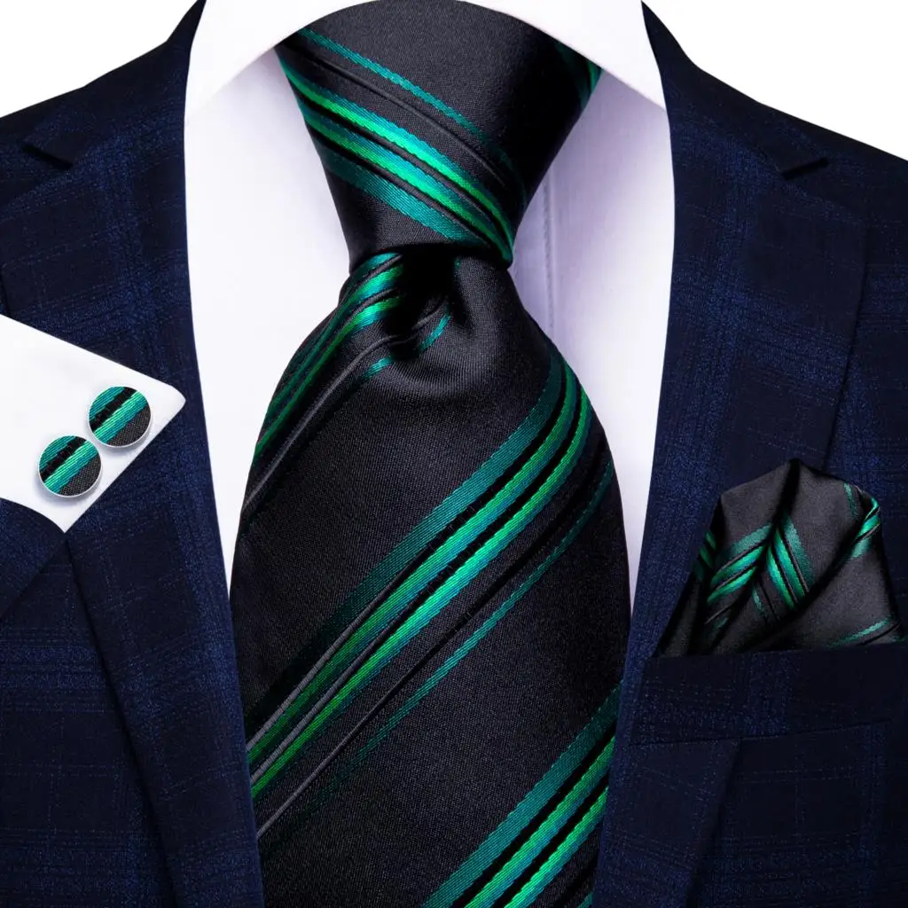 Галстук Hi-Tie Черный Зеленый полосатый Шелковый Свадебный комплект для мужчин