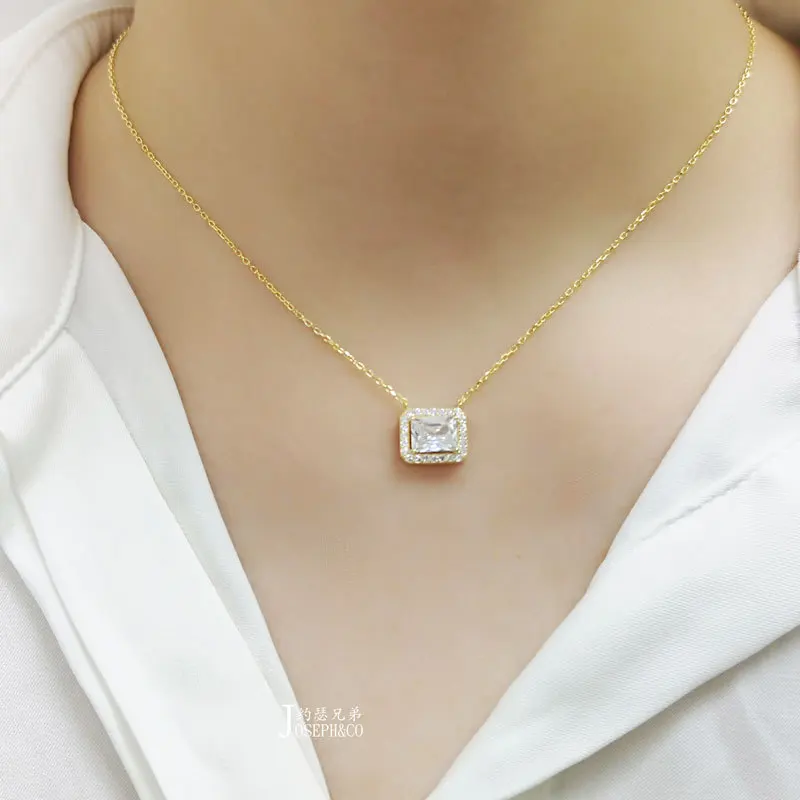 

925 Sterling Silver Necklaces for Women Geometric Square Zircon Pendant Necklace Luxury Diamond Clavicle Chain Choker Jewelry