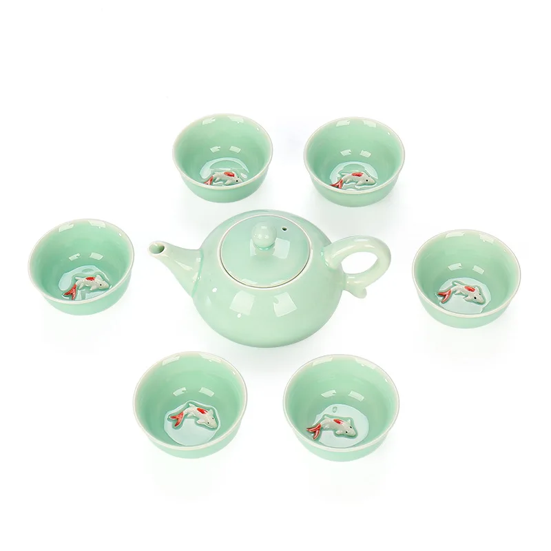 

Celadon Carp Cup Tea Set Chinese Style Tea Ceremony Set Teapot Ceramic Kung Fu Tea Cup Utensils Porcelain Tea Pot and Cup Suit